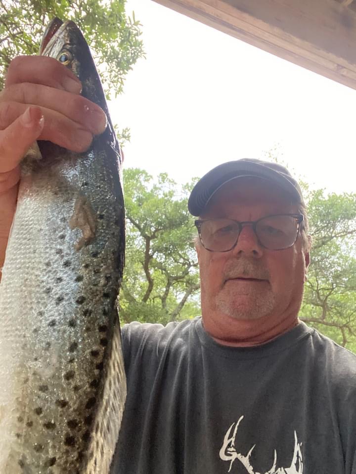 Speckled trout being caught from the beach.